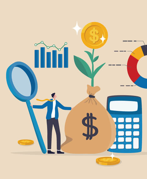 Illustration of financial growth symbols including a magnifying glass, calculator, and money bag, representing Omega Maintenance Solutions' financial services